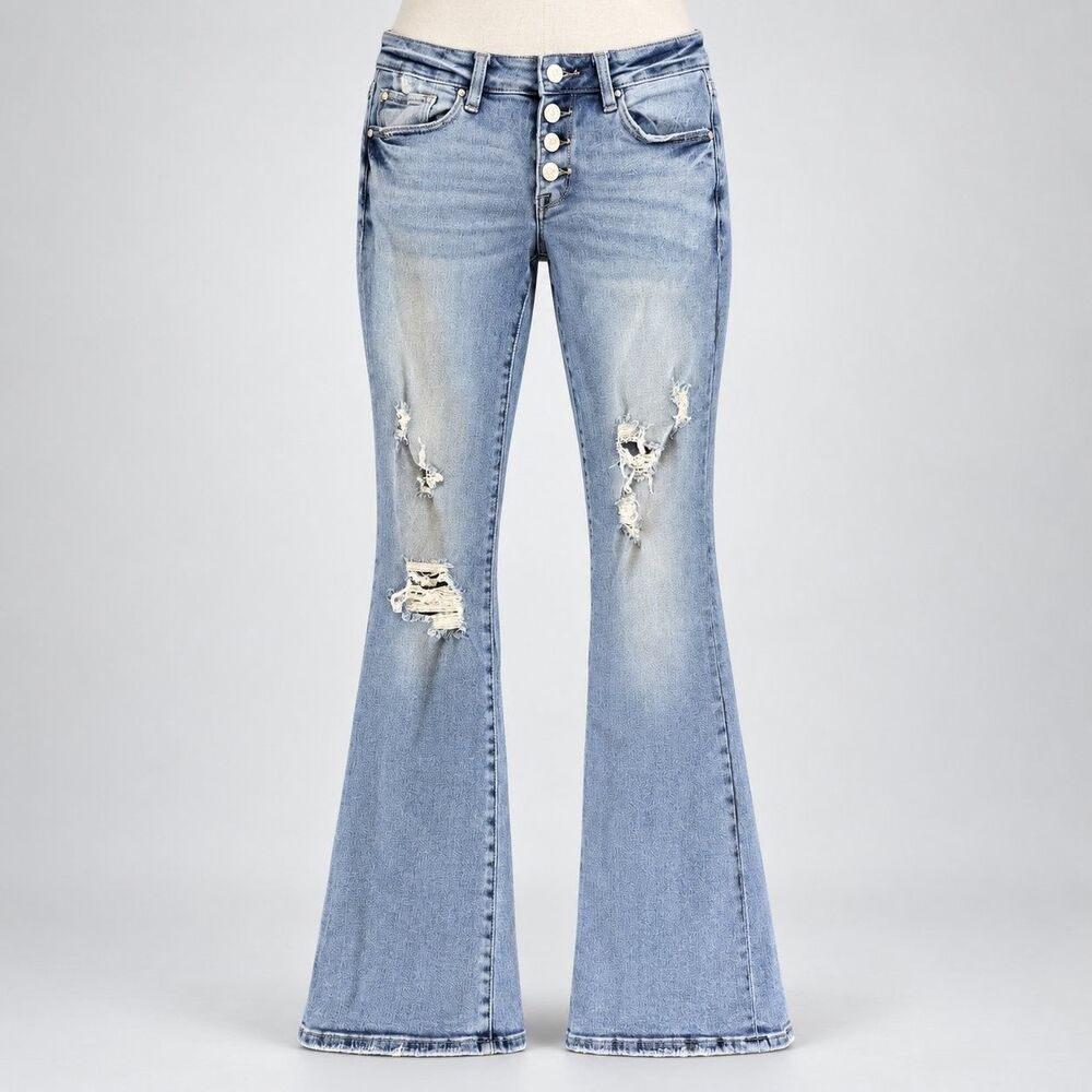 Petra 153 Distressed Flare Jeans Womens Size 24 Button Fly Light Wash Raw Hem